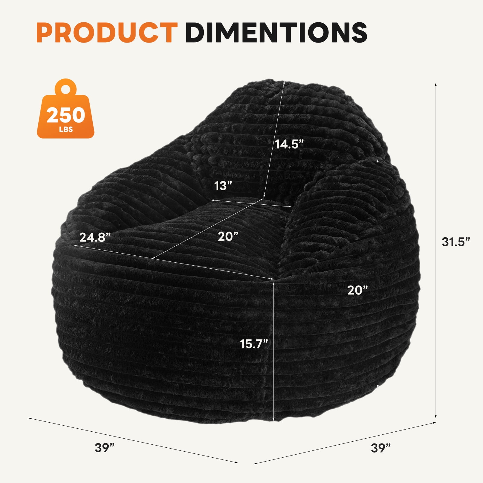 CONCETTA 39ft Sofa Bean Bag Chair, Oversized Beanbag for Adults with Soft Removable Cover, Black