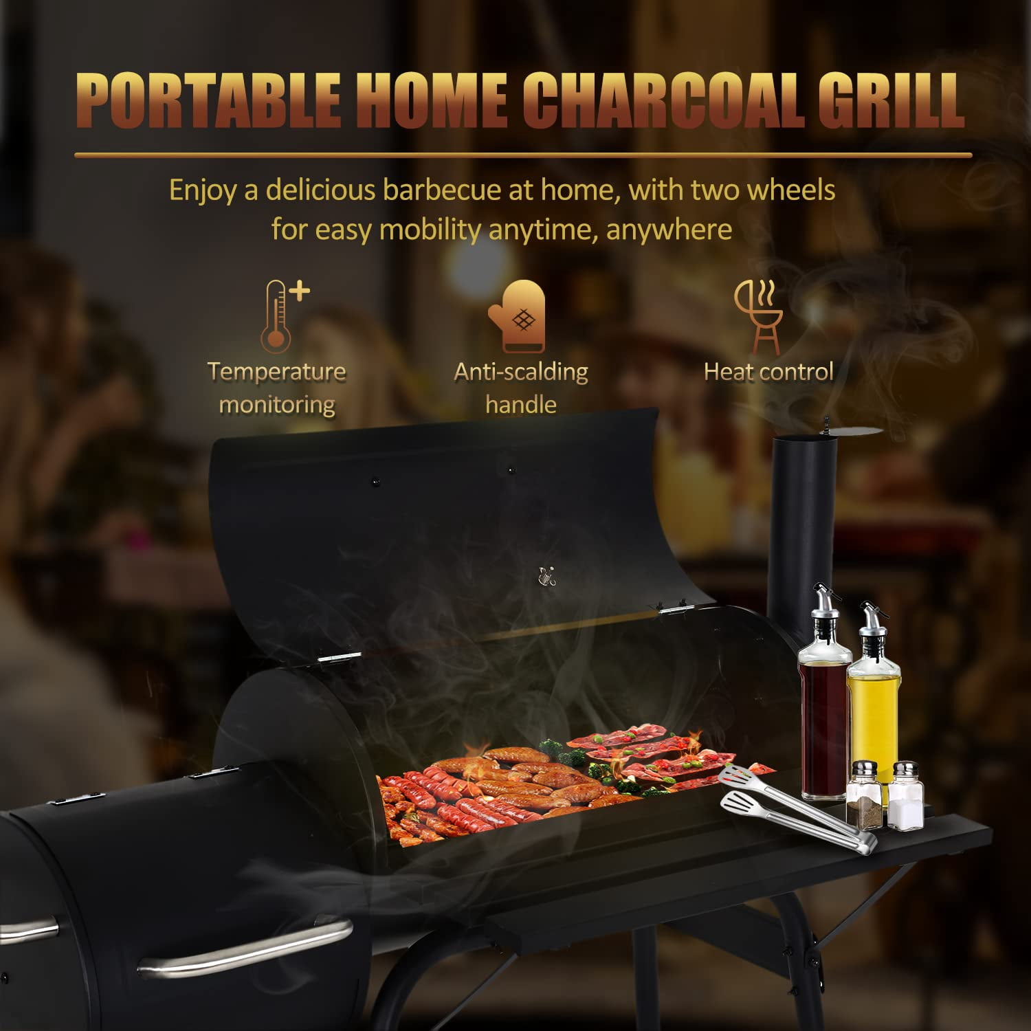 Dkelincs 43'' Charcoal Grill with Wheels and Side Fire Box -BBQ Grill Perfect for Camping, Outdoor Party and Picnics Portable Barbecue Grill for 6-10 People