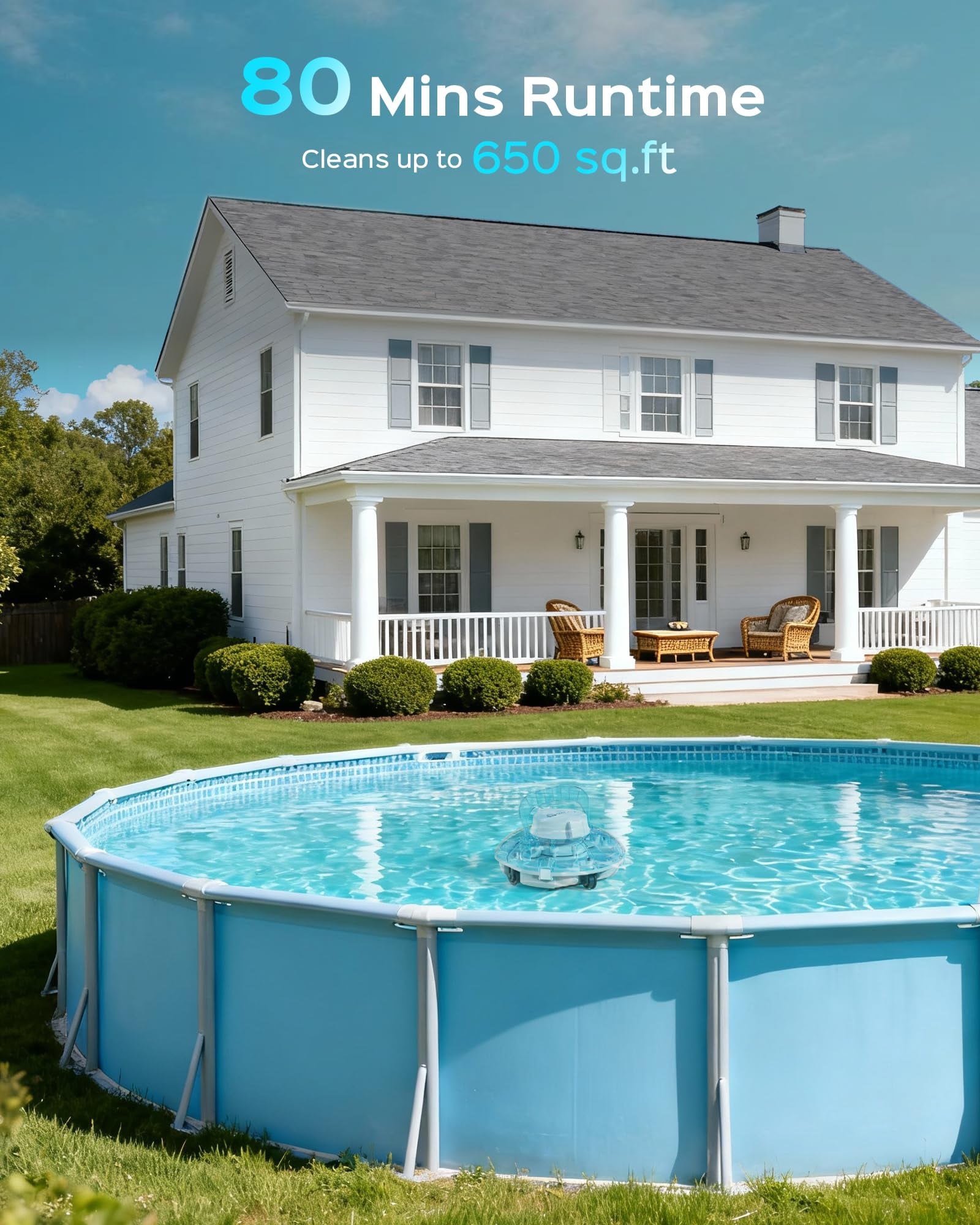 WYBOT Cordless Robotic Pool Cleaner, Lasts 80 Min, Automatic Vacuum for Above-Ground Pools up to 645 Sq.ft,Portable, Self-Parking, Transparent Blue