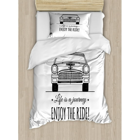 Enjoy the Ride Duvet Cover Set Twin Size, Life is a Journey Enjoy the Ride Motivational Words Vintage Automobile, Decorative 2 Piece Bedding Set with 1 Pillow Sham, Black and White, by Ambesonne
