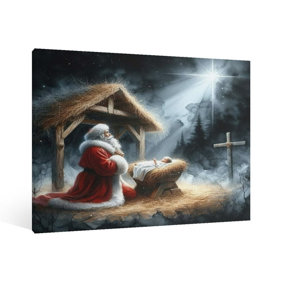 Vintage Christmas Santa Claus and Jesus Nativity Scene Wall Art Paint Framed - Retro Xmas Festive Winter Holiday Christmas Wall Decor Canvas Print for Living Room Kitchen Bathroom Home Decor