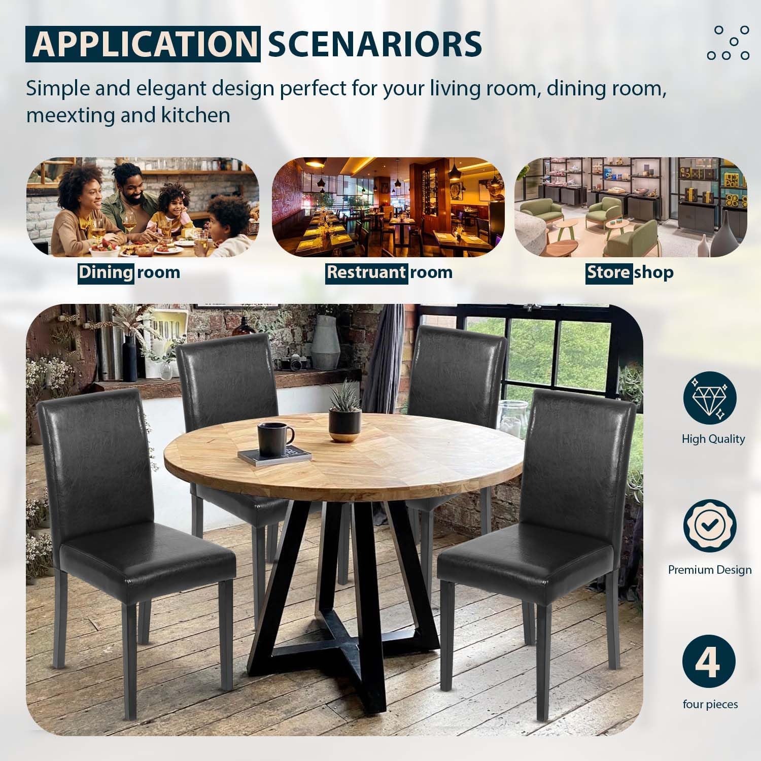 Dining Chairs Set of 4 - PU Leather Upholstered Modern Parsons Chairs with Solid Wood Legs, Sturdy & Durable Curved Backrest for Kitchen, Living Room, Restaurant, Black