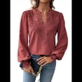 thumbnail image 3 of Blusas de con Lunares, Estilo Bohemio, de Larga y Cuello en V para Mujer, con Encaje de Ganchillo, Estilo Informal y Moderno Vino Tinto M, 3 of 9