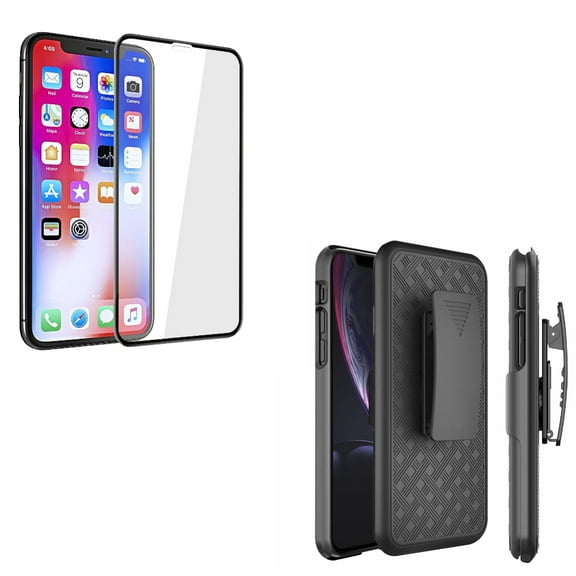 Shell Case Combo Belt Clip Holster Cover w Kickstand Protective Defender Shockproof w Tempered Glass Screen Protector 5D Touch Full Cover Curved Edge Compatible With iPhone XS Max