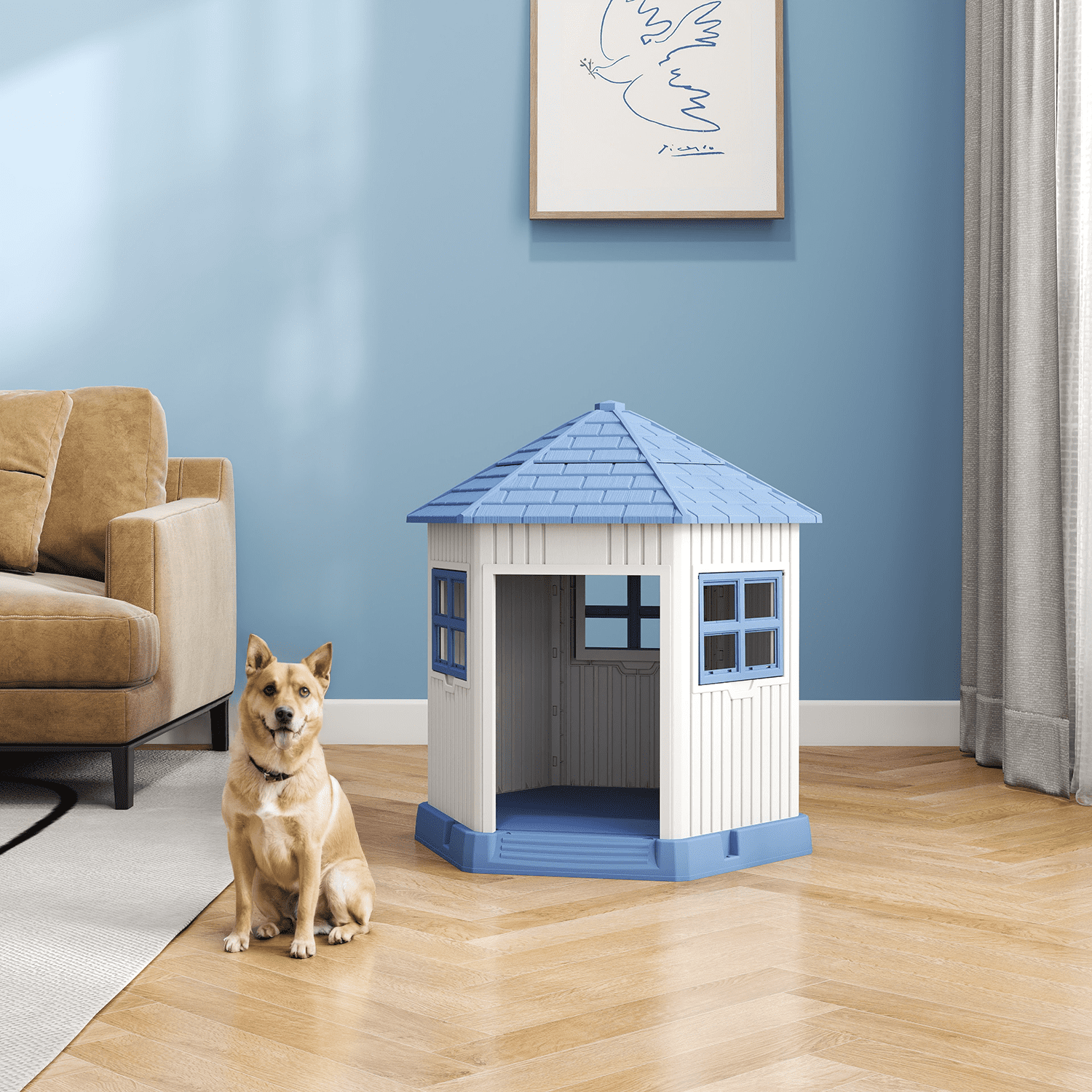 Fazzn Indoor/Outdoor Durable Large Dog Shelter with Outside Dog Kennel, Featuring a Window and Elevated Floor for Small and Medium Dogs.Blue