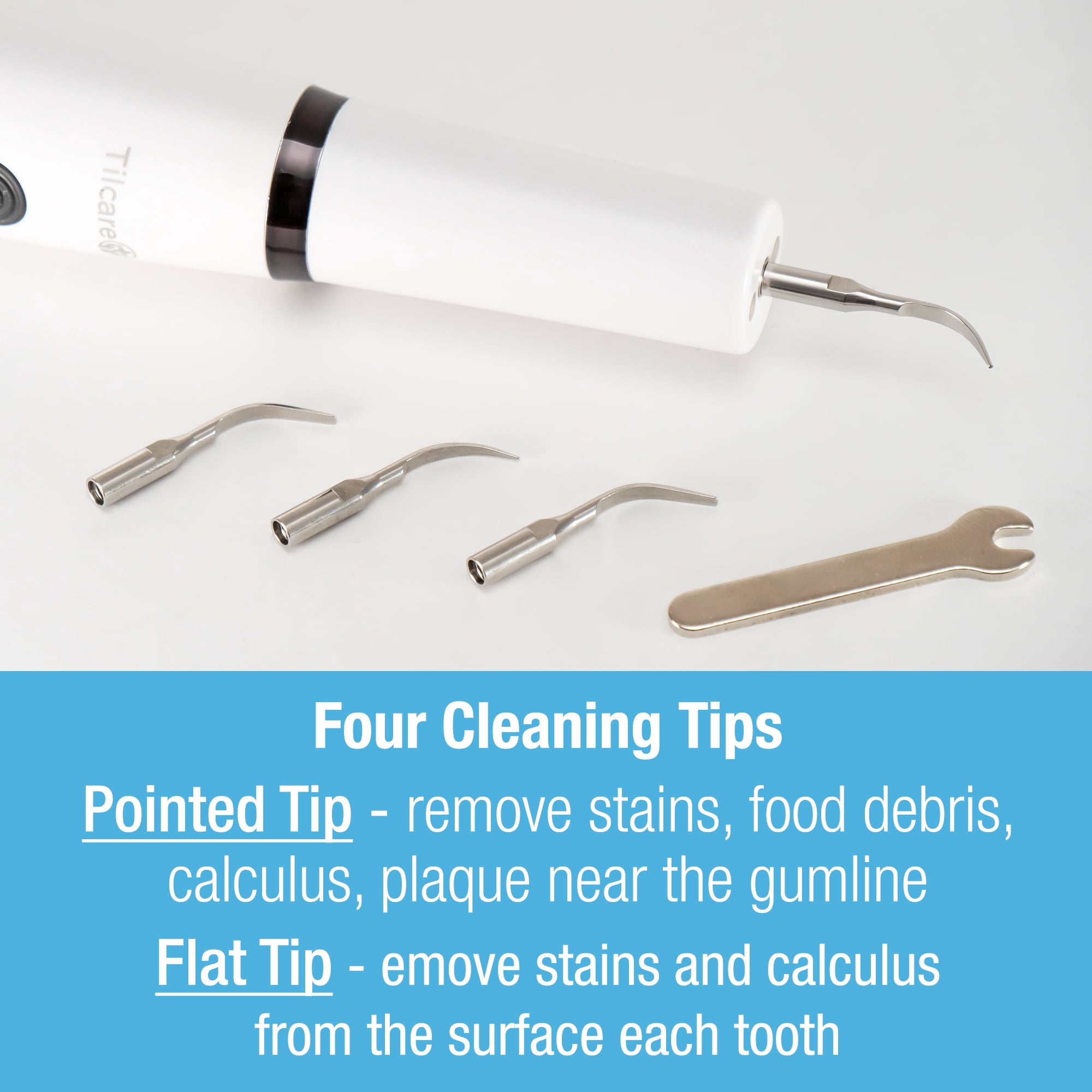 Tilcare Ultrasonic Dental Cleaner Kit - Electric Teeth Cleaning Kit for Stain Removal 4 Replacement Heads, Mirror and Tongue Scraper - Rechargeable with 3 Modes