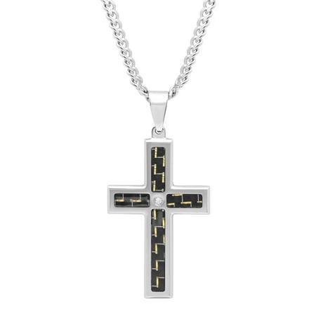 Men's Stainless Steel Diamond Accent and Carbon Fiber Cross with 24 Curb Chain - Mens Pendant