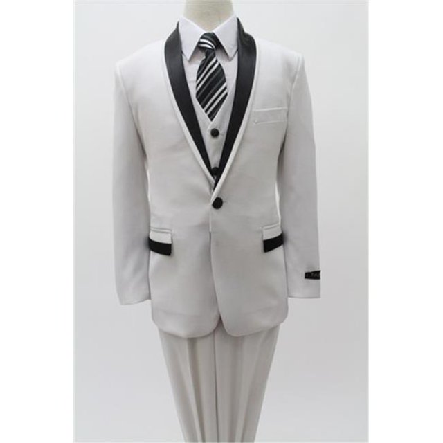 Tazio 1 Button Vested Notch Lapel Boys Suits, White & Black - 5