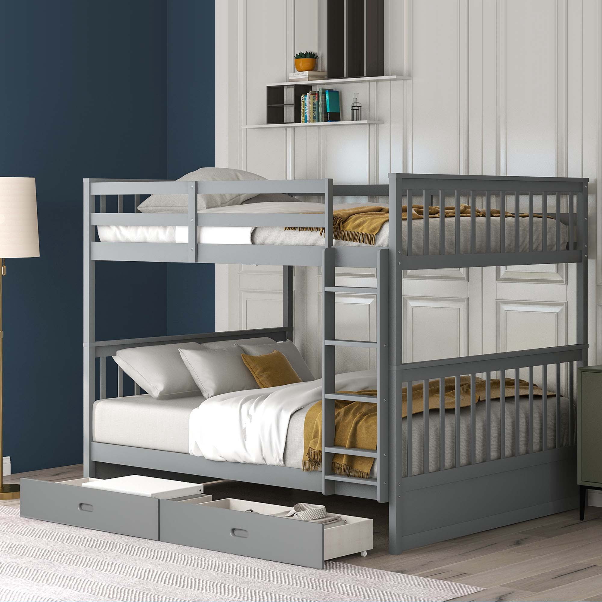 DEALTOPS Full over Full Bunk Bed with Ladder and 2 Drawers for Kids Adults Bedroom Furniture, Gray