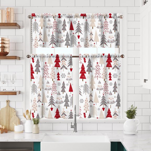Christmas Kitchen Curtains Short and Valance Set Winter Xmas Tree Dining Room Fabric Curtain Drapes White and Red Holiday Cafe Curtains Valance for Home Decor