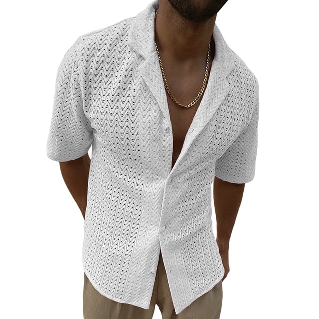xiaxaixu Men’s Lace Shirt, Short Sleeve Turn-down Collar Button Closure Hollowed Beach Shirt Summer Tops