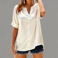 thumbnail image 3 of Women Summer Satin Silk Tshirts Casual V Neck Roll Up Short Sleeve Tshirts Trendy Loose Soft Shirts Comfy Solid Color Tops, 3 of 5