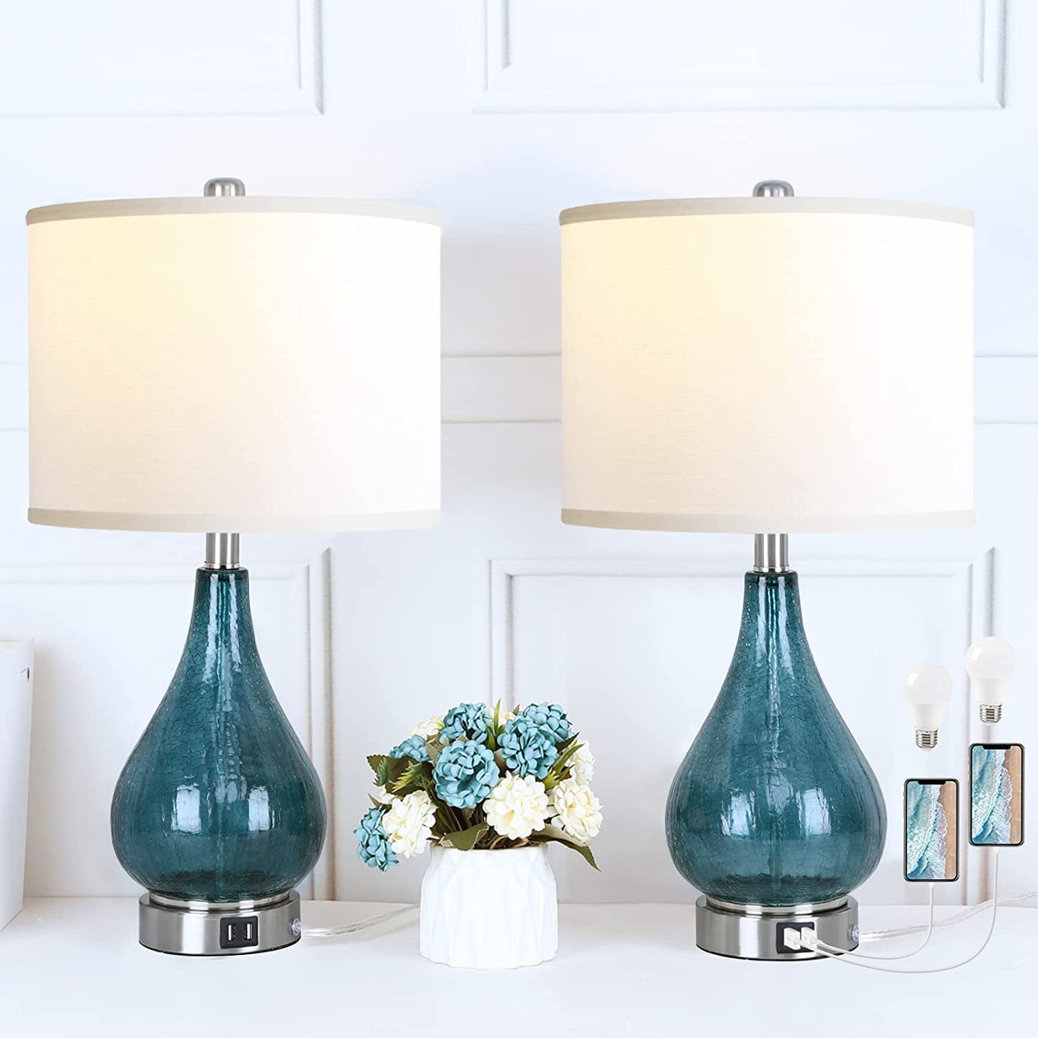 QiMH 22.5" Blue Cracked Glass Table Lamp for Living Room Bedroom Set of