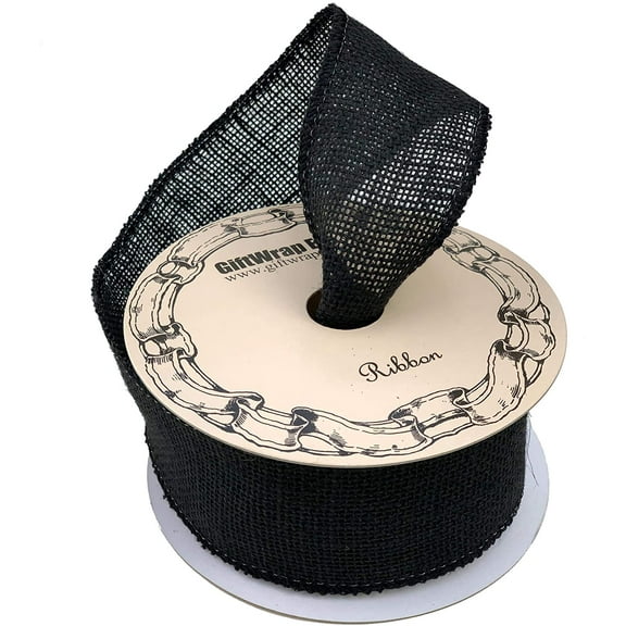 Black Fabric Burlap Woven Ribbon - 2 1/2" x 10 Yards, Wired Edge, Rustic Jute Wedding Embellishments, Halloween, Holiday Decor, Wreath, Funeral, Christmas Tree Ribbon