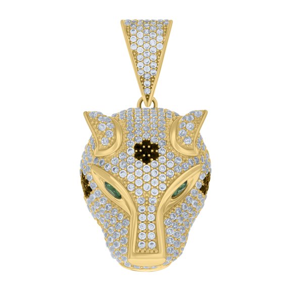 10k Yellow Gold Mens Green/Black White Cubic-Zirconia Panther Head Animal Wildlife Charm Pendant