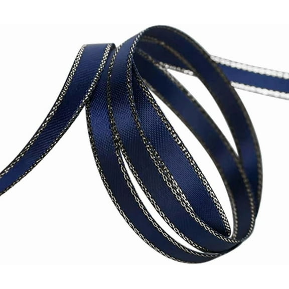 100 Yards 3/8 Inch Royal Blue Silver Ribbon Double Edge Metallic Border Ribbon Grosgrain Polyester Fabric Ribbons Bulk with Spool for DIY