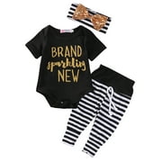 Sunisery Baby Girls Clothes Set Letter Romper Top+Stripe Pants+Bowknot Headband Outfit Black 0-3 Months