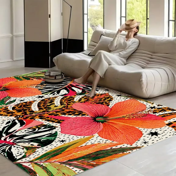NIANHE Tropical Leopard Floral Leaf Pattern soft anti slip carpet Washable Area Rug for Living Room, Non Slip Large Decor Carpet for Bedroom Dining Office