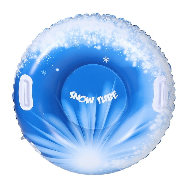 Inflatable Snow Tube for Kids Heavy Duty Snow Tube PVC Snow Sled with Handles, showcasing a vibrant blue design with snowflake patterns and sturdy white handles. Made from durable PVC material, this round snow tube measures 82cm in diameter and is perfect for winter sports, sledding activities, and snow play.