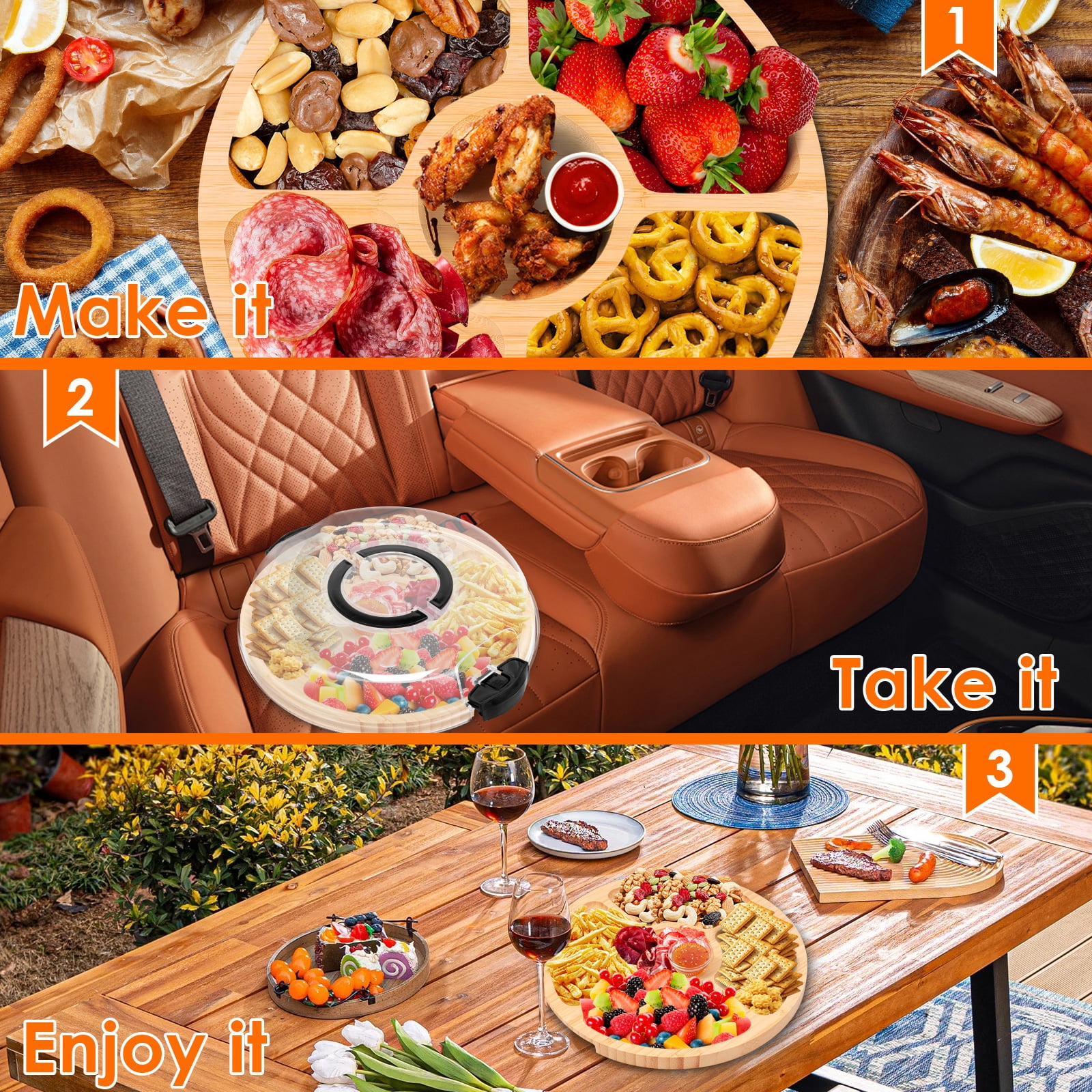 Ihvewuo Cheese Board Covered Fruits Platter Serving Tray Round Charcuterie Board with Lid Large Capacity Divided Design for Party Picnic Camping