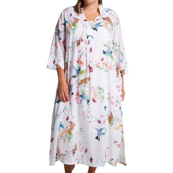 Women's La Cera 3055X Plus 100% Cotton Voile Lined Hummingbird Caftan (White/Hummingbird 2X)