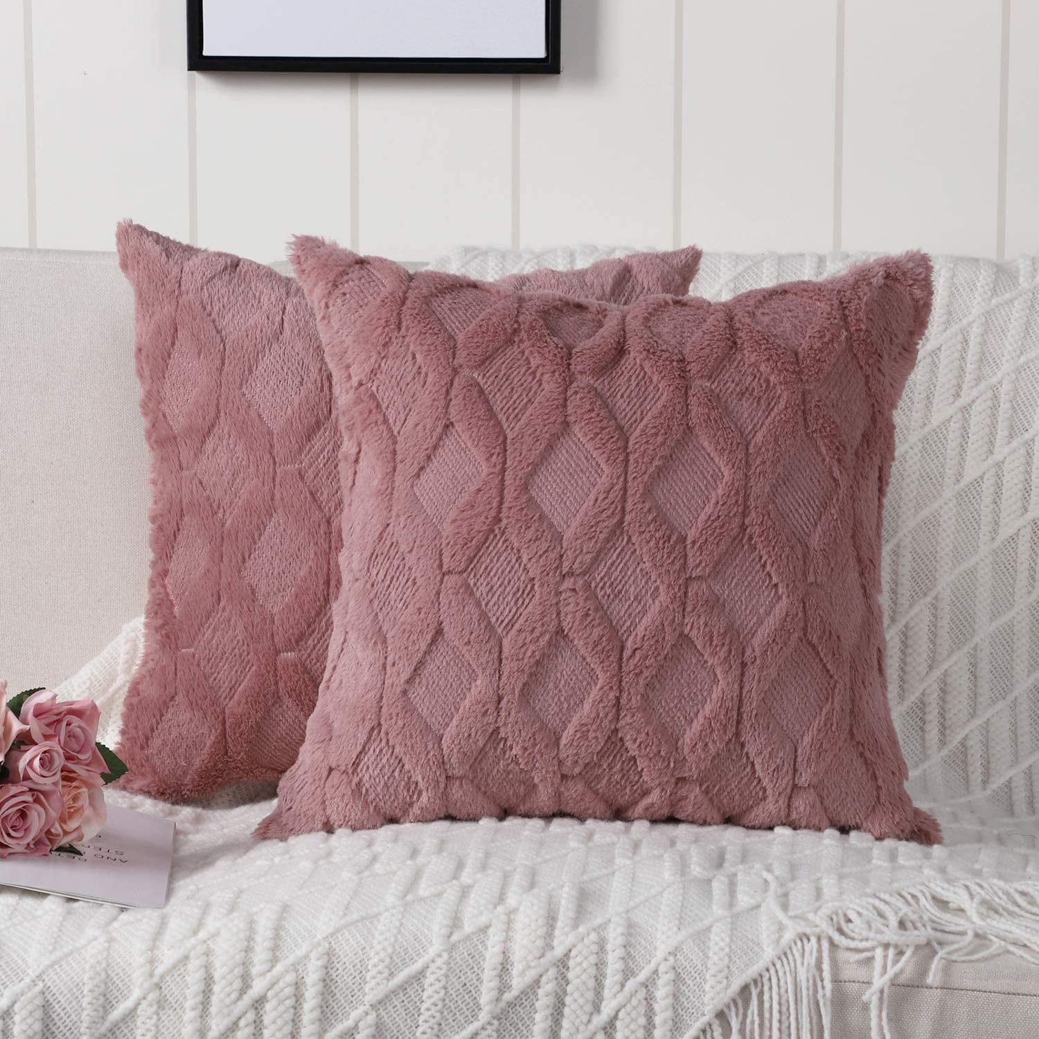Madizz 2 Pack Soft Plush Short Wool Velvet Decorative Throw Pillow Covers 22”x22 