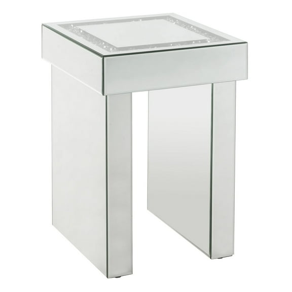 Noe 24 Inch Square End Accent Table, Mirrored, Faux Diamond Inlay, Silver