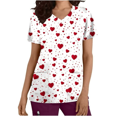 

REORIAFEE Women Scrubs Tops Nurse Medical Scrub Shirts Love Print Valentine s Day Tee Short Sleeve V-Neck Tops Valentine s Day Pockets Blouse Nursing Uniform White L