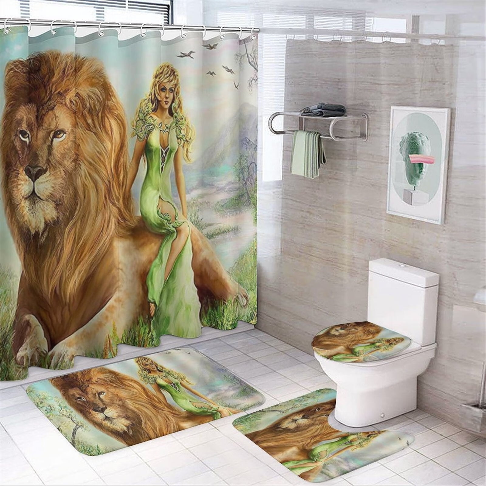 Detroit Lions Shower Curtain Sets 4 Piece Toilet Lid Cover Bath Mat Set Gift