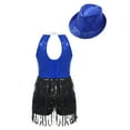 thumbnail image 2 of YONGHS Kids Girls Sequins Tassel Hem Dress Rumba Samba Salsa Cha Cha Latin Jazz Leotard with Hat Set Royal Blue 6, 2 of 5