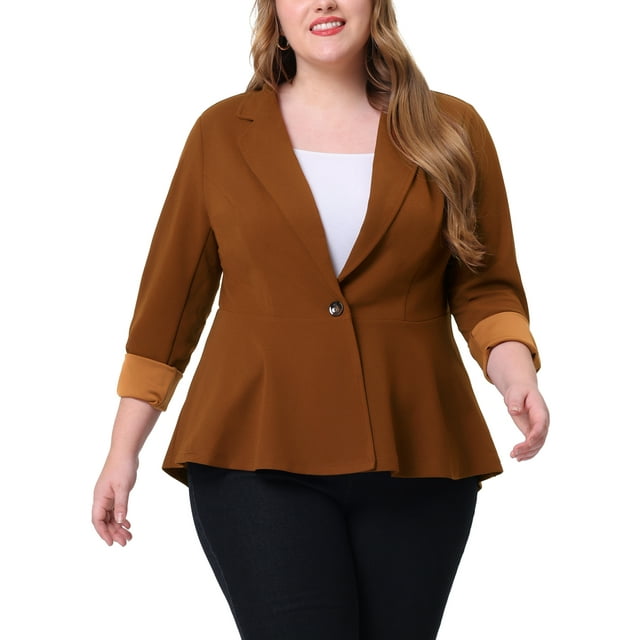 Agnes Orinda Women's Plus Size Blazer Button Notch Panel Ruffle Peplum Blazers 5X Brown