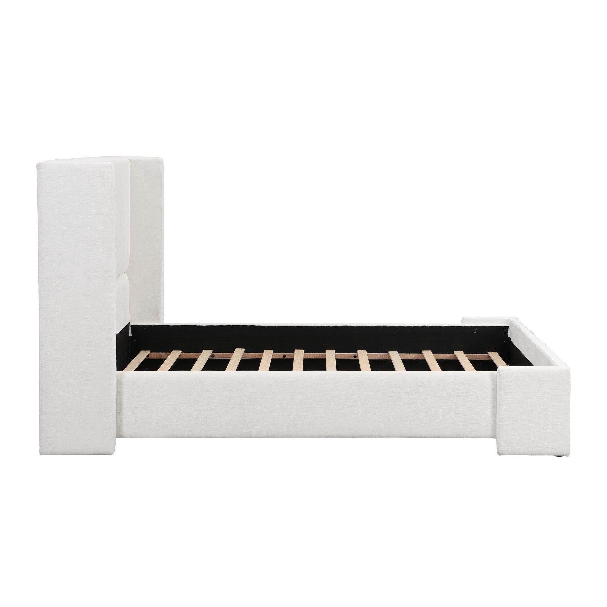 Sailvan Queen Elegant Fabric Upholstered Bed with Tall Wingback Headboard,Modern White Bed Frame for Bedroom,Queen and King Sizes