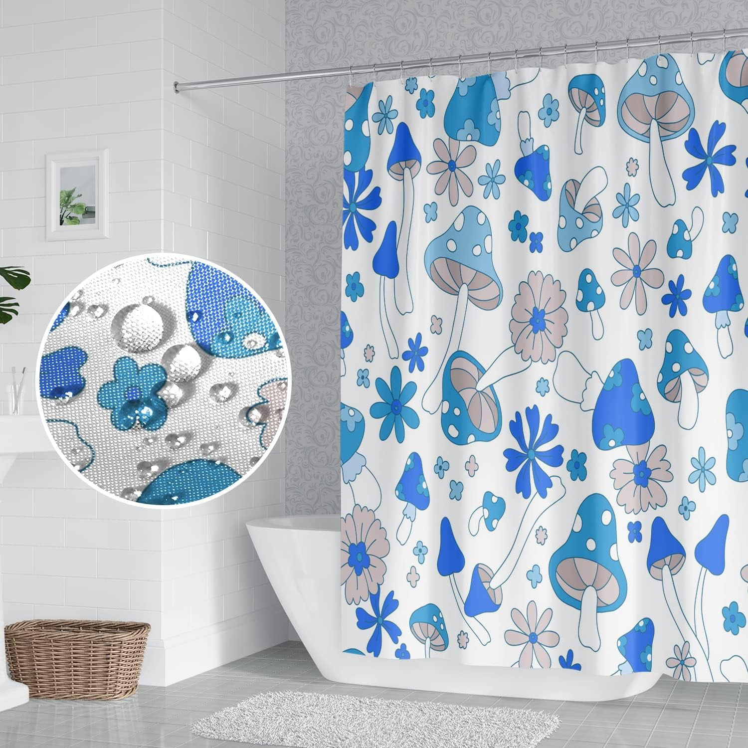 Blue Mushrooms Bathroom Shower Curtain Retro 70s 60s Funky Floral Hippie Boho Style Shower Curtain Washable Durable Fabric Home Decorative Shower Curtain with Hooks, 36x72 Inch