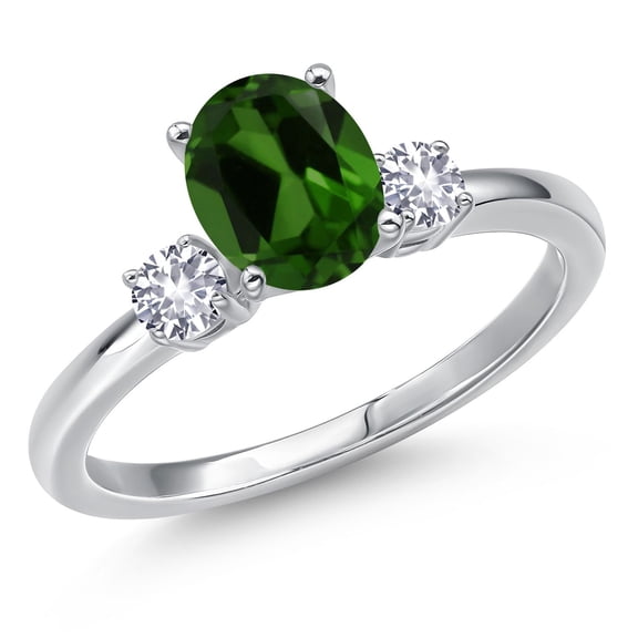 Gem Stone King 14K White Gold Green Chrome Diopside and White Created Sapphire Engagement Ring for Women | 1.46 Cttw | Oval 8X6MM | Gemstone Birthstone | Size 5