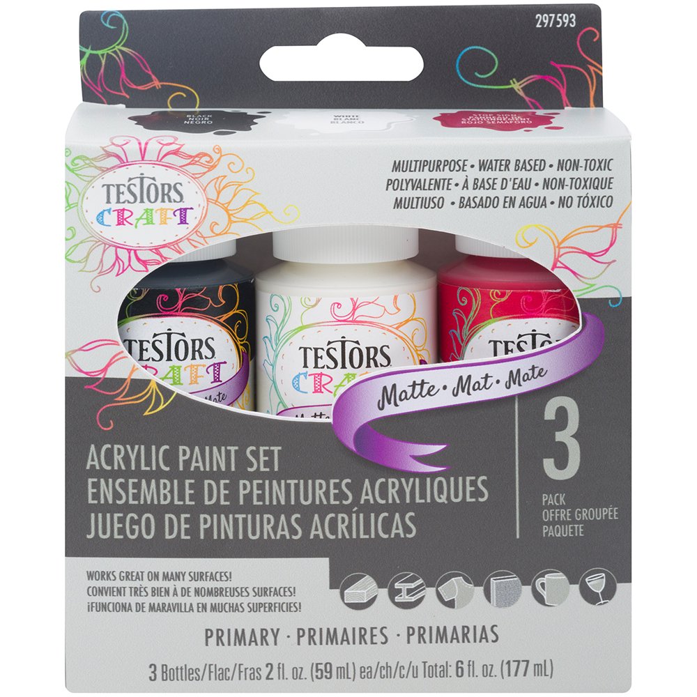 Testors Craft Acrylic Paint Set 3/PkgPrimary Matte, Pk 3, Testors