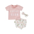thumbnail image 1 of Xingqing Newborn Baby Girls 3PCS Summer Clothes 0-24M Short Sleeve Letters Tops Ruffle Lemon Printed Shorts Headband Sets, 1 of 9