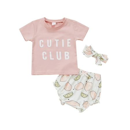 

IZhansean Newborn Baby Girls 3PCS Summer Clothes 0-24M Short Sleeve Letters Tops Ruffle Lemon Printed Shorts Headband Sets Pink 12-18 Months