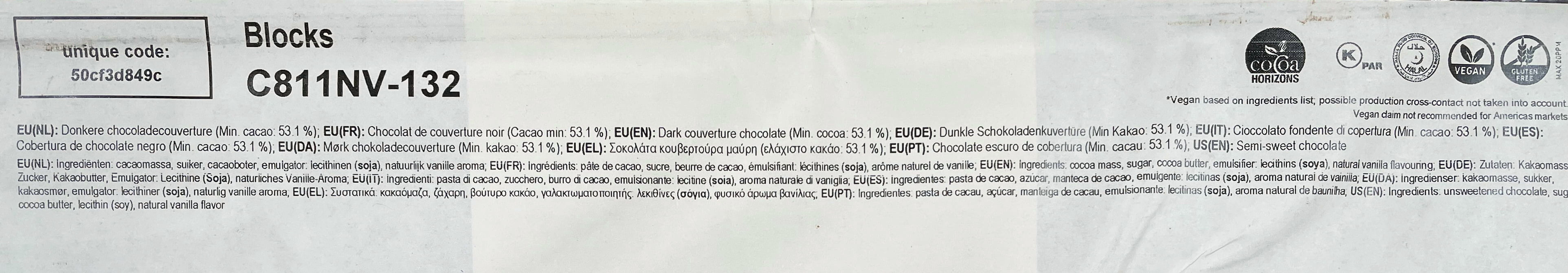 Callebaut Dark Chocolate Block C811-11.02lb (5kg) - 53.1% Cocoa Solids - Belgium Chocolate