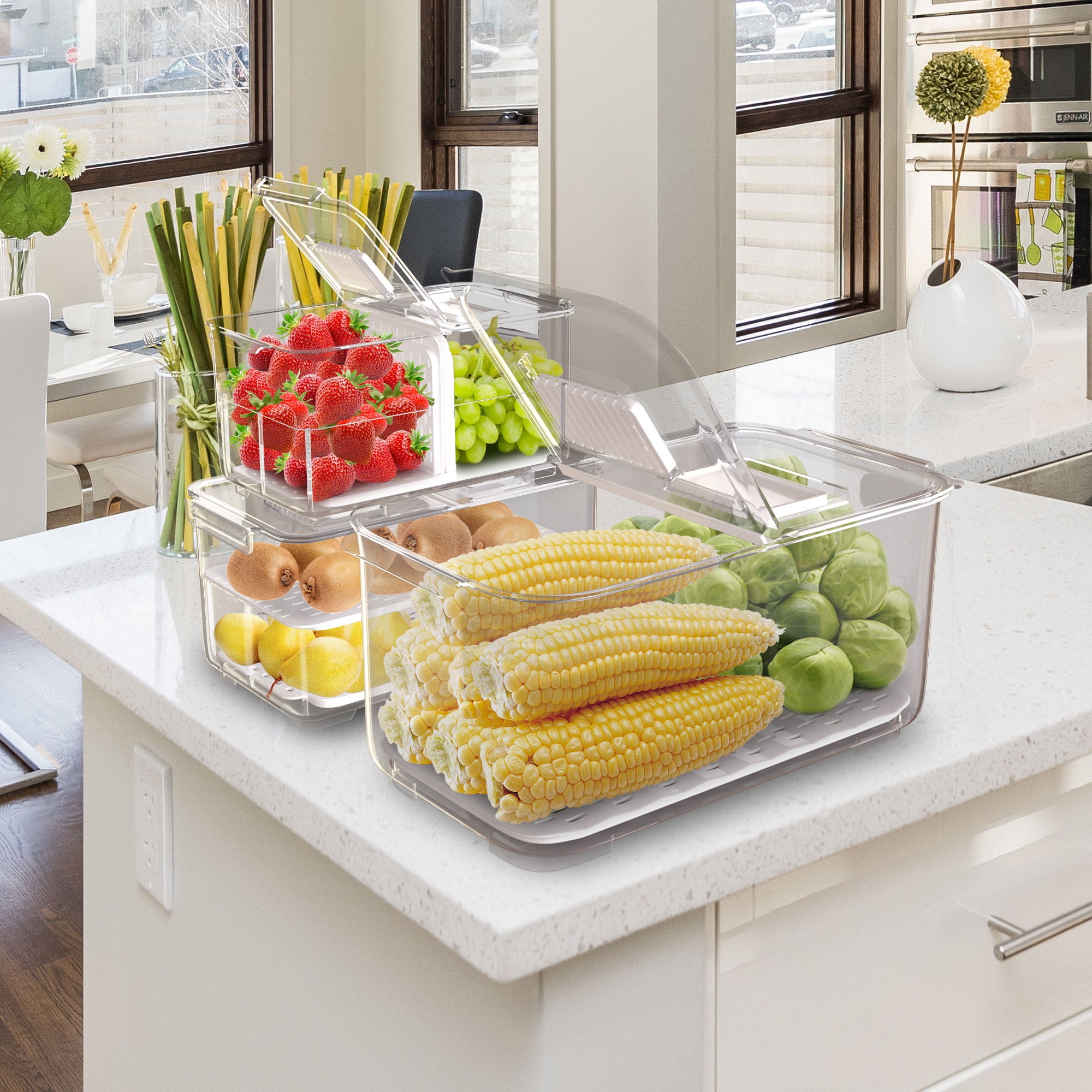 WAVELUX Produce Saver Containers for Refrigerator, Food Fruit Vegetables Storage, 3Pcs Stackable Fridge Organizer, Fresh Keeper Drawer Bin Basket with Vented Lids , Removable Drain Tray & Folding Lid…