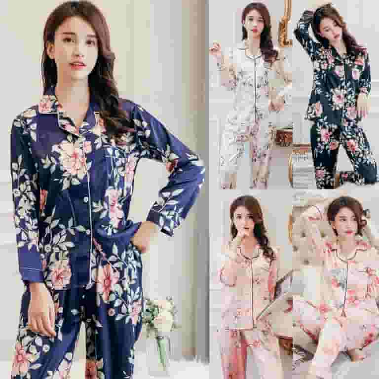 通販 送料無料 Women Autumn Plus Size Imitation Silk 2 Piece Pajamas Set Clothing