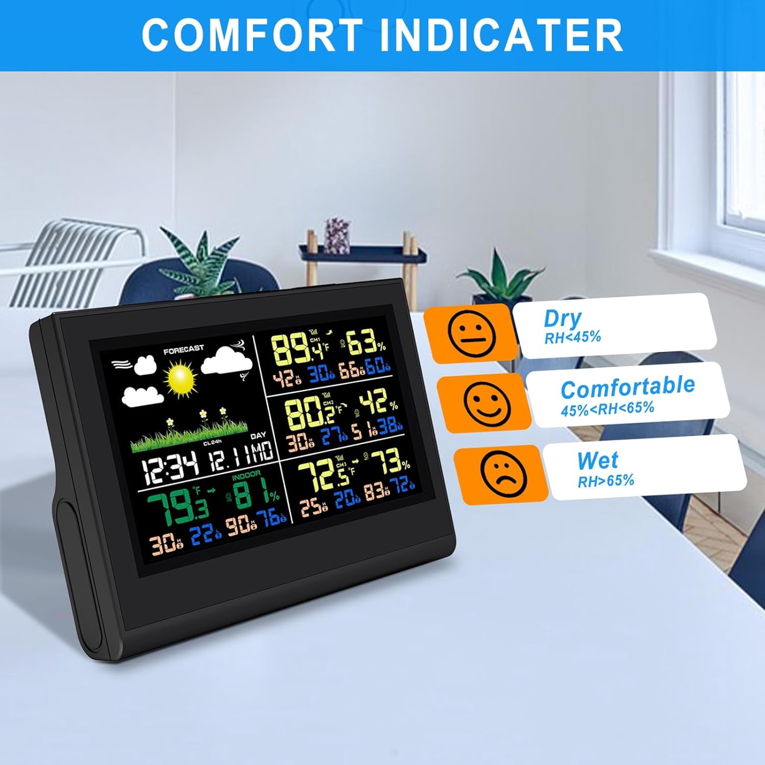 Indoor Outdoor Thermometer Wireless, Color Display Weather Stations with Multiple Sensors, Indoor Outdoor Thermometer Hygrometer for House with Min/Max Record, Weather Forecast, Alarm Clock