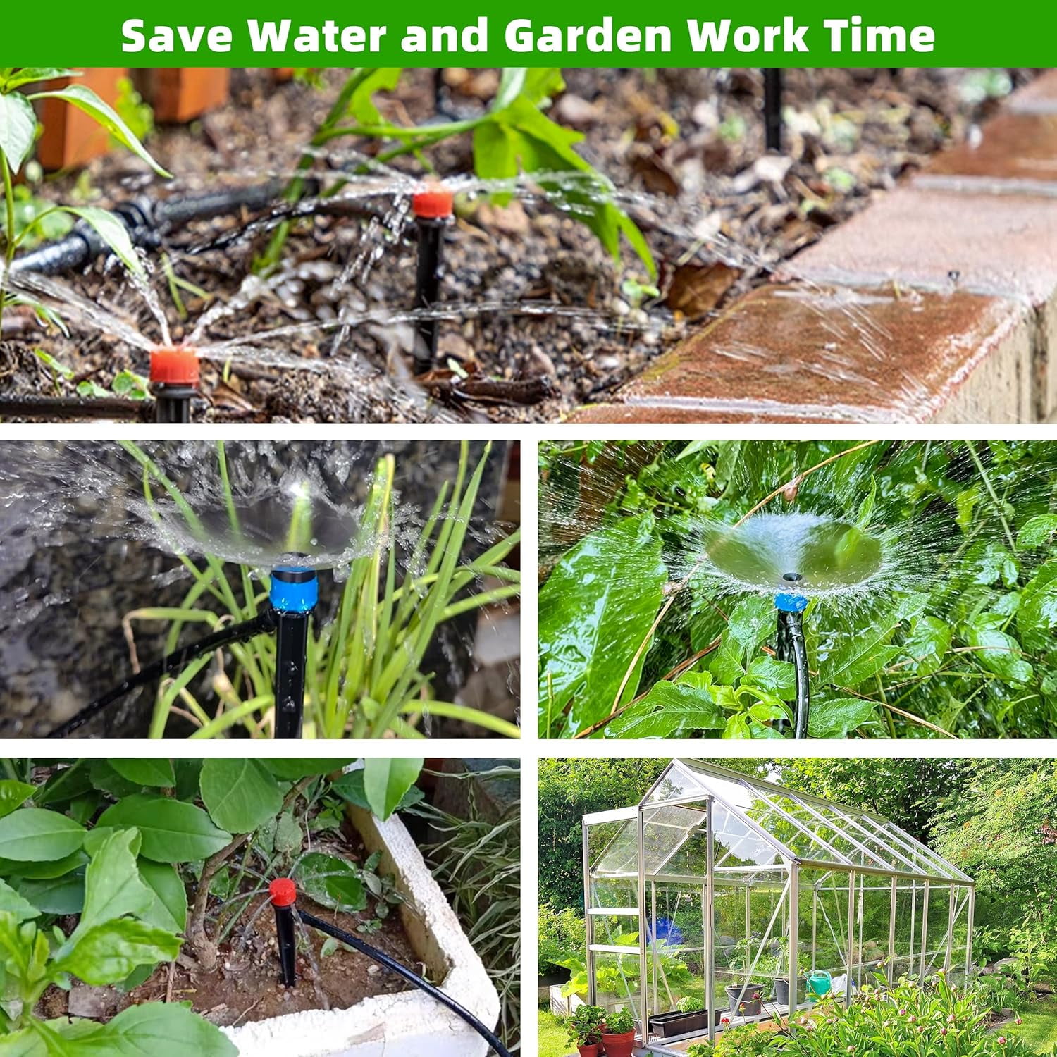 Drip Irrigation System Kit, 240 Ft Automatic DIY Garden Watering and Misting Set, Adjustable Drip Emitters, 5/16 in and 1/4 in Tubing, Connectors and Fittings