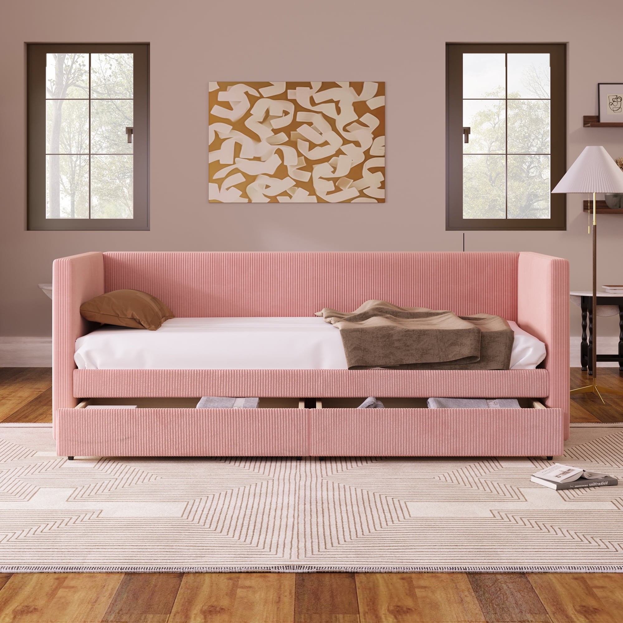 Modern Twin Size Upholstered Daybed with 2 Storage Drawers, Corduroy Fabric Daybed Sofa Bed Frame with Armrests and Wood Slat Support for Bedroom Living Room,Pink