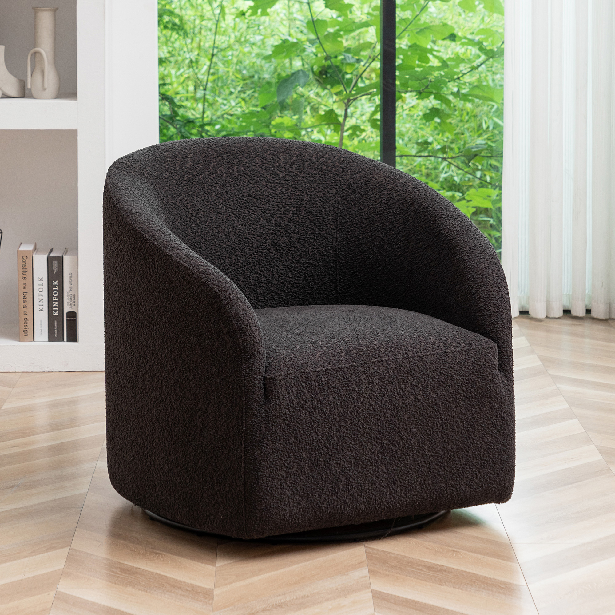 KINWELL Boucle Upholstered Swivel Barrel Chair