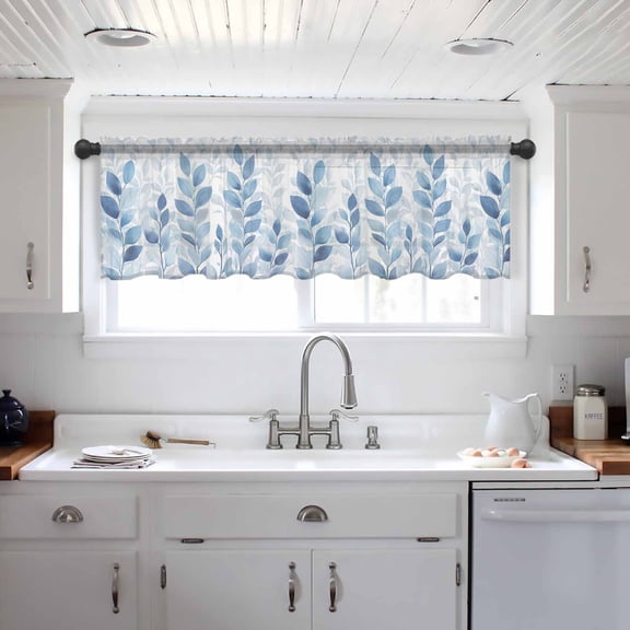 Blue Leaf Valance Curtains for Kitchen/Living Room/Bathroom/Bedroom Window, Watercolor Country Plant Monochrome Branch Rod Pocket Small Topper Half Short Window Curtains Voile Sheer Scarf 42"x12"