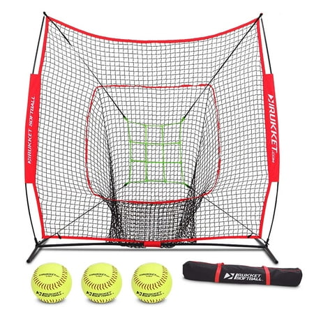 Rukket 6pc Softball Bundle | 7x7 Hitting Net | Batting, Pitching, Catching Screen | Includes Bow Frame Net, 3 Softballs, Strike Zone and Carry