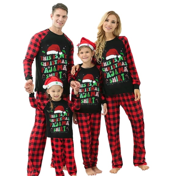 Christmas Family Pajamas Matching Set Letter Print Long Sleeve Tops and Elastic Plaid Pants Loungewear Soft Sleepwear