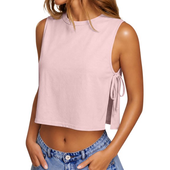 Tank Tops For Women Pink Womens Tops Fashion Side Tie Cropped Summer Oversized Sleeveless Loose Fit High Neck Boxy Basic Tees Womens Tank Tops