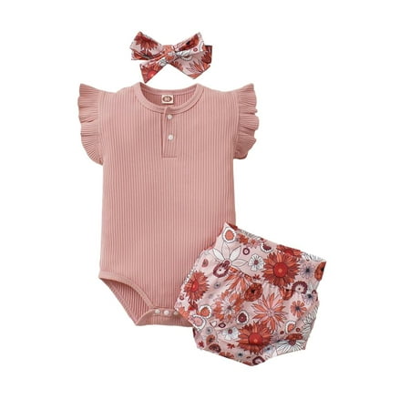 

Bagilaanoe Baby Girls Casual Outfit Sets Summer Fly Sleeve Ruffled Romper Tops+Floral Printed Shorts+Headband