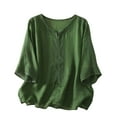 thumbnail image 2 of HLKJKLS Winter Clothing For Women Embroidered Round Neck 3/4 Sleeve Retro Casual Solid Color Transparent Cotton Linen Top Green M-3Xl, 2 of 4